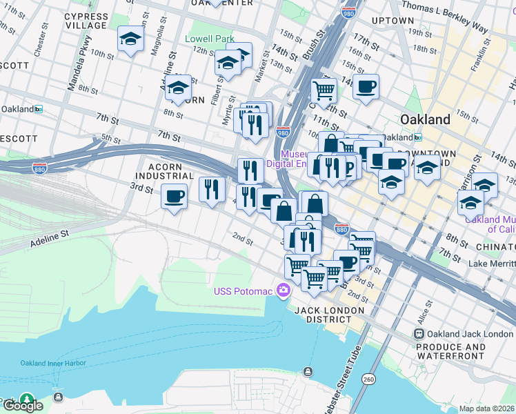 map of restaurants, bars, coffee shops, grocery stores, and more near 407 Castro Street in Oakland