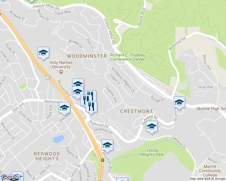 map of restaurants, bars, coffee shops, grocery stores, and more near 415 Crestmont Drive in Oakland