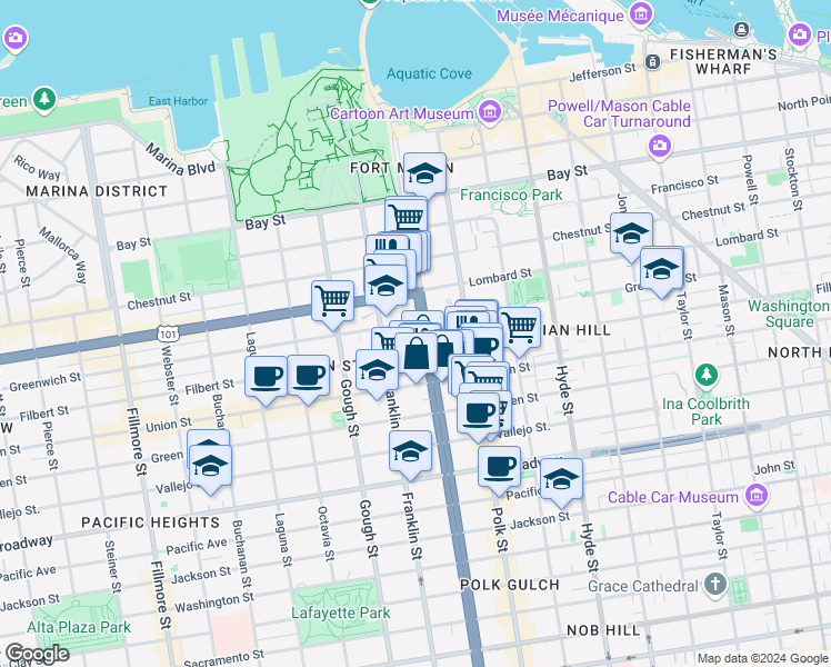 map of restaurants, bars, coffee shops, grocery stores, and more near 2642 Van Ness Avenue in San Francisco