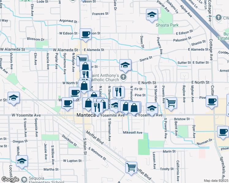 map of restaurants, bars, coffee shops, grocery stores, and more near 2 Pine Street in Manteca