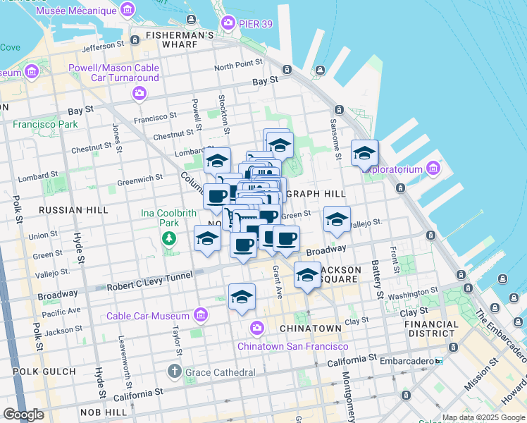 map of restaurants, bars, coffee shops, grocery stores, and more near 1425 Grant Avenue in San Francisco