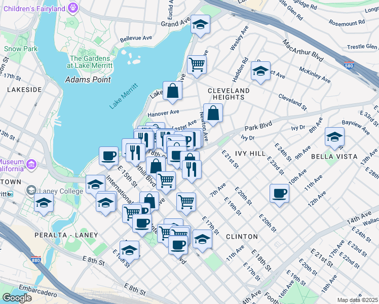 map of restaurants, bars, coffee shops, grocery stores, and more near 1901 Park Boulevard in Oakland