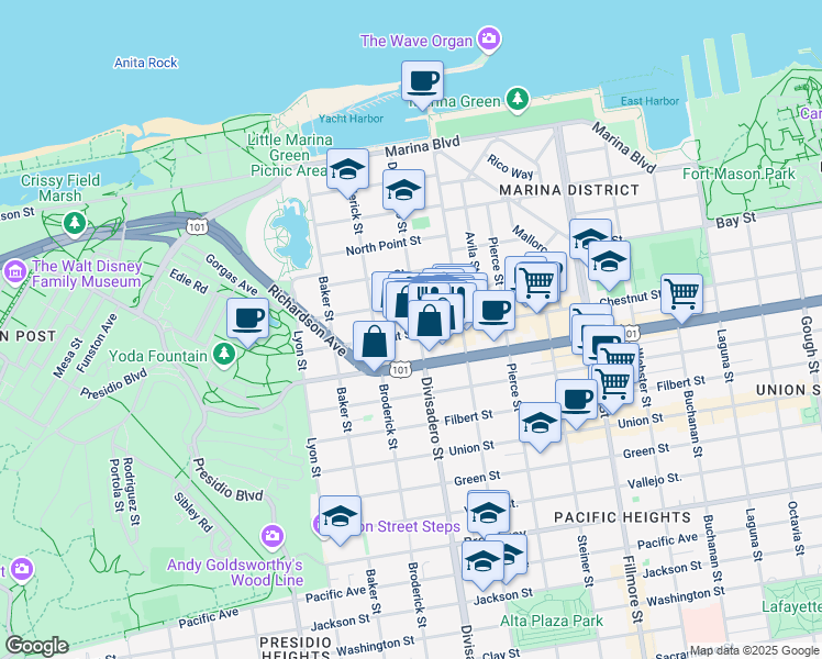 map of restaurants, bars, coffee shops, grocery stores, and more near 2430 Chestnut Street in San Francisco