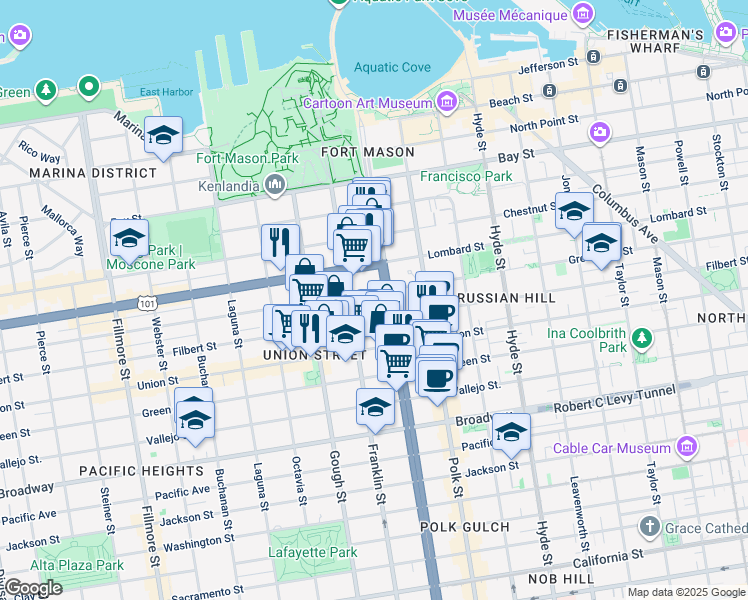 map of restaurants, bars, coffee shops, grocery stores, and more near 1515 Greenwich Street in San Francisco