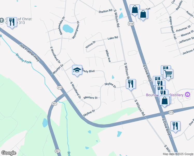 map of restaurants, bars, coffee shops, grocery stores, and more near 149 Susan Court in Radcliff