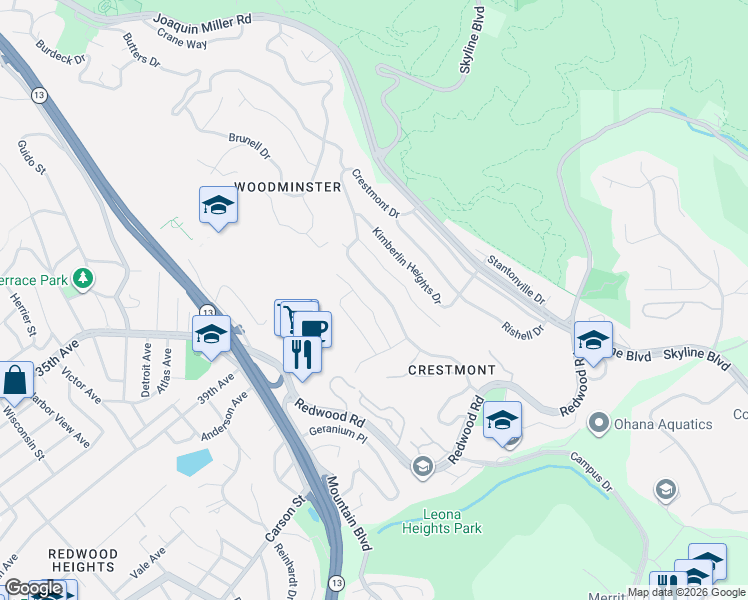 map of restaurants, bars, coffee shops, grocery stores, and more near 415 Crestmont Drive in Oakland