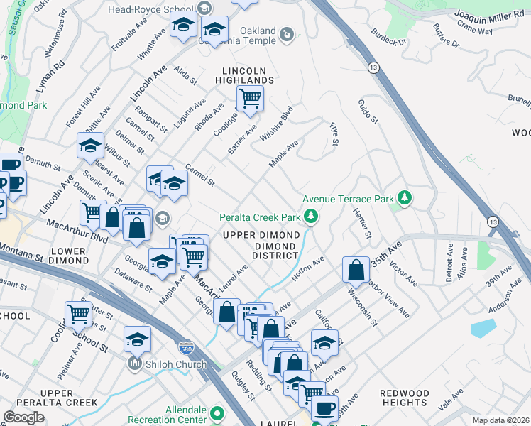 map of restaurants, bars, coffee shops, grocery stores, and more near 3057 Sylvan Avenue in Oakland