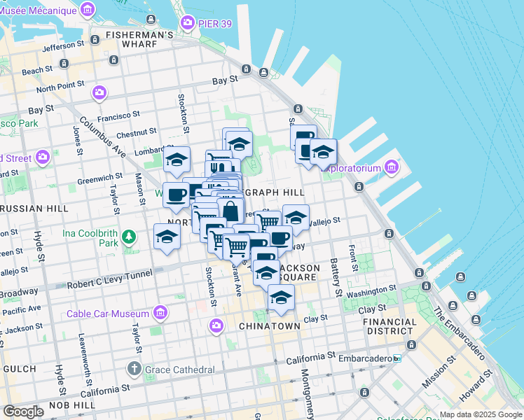 map of restaurants, bars, coffee shops, grocery stores, and more near 1309 Kearny Street in San Francisco