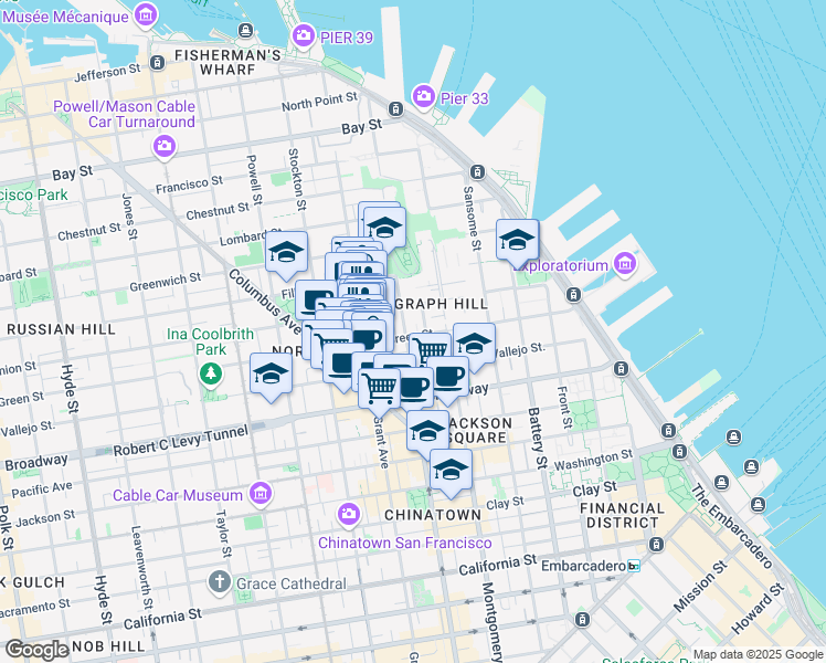 map of restaurants, bars, coffee shops, grocery stores, and more near 1309 Kearny Street in San Francisco