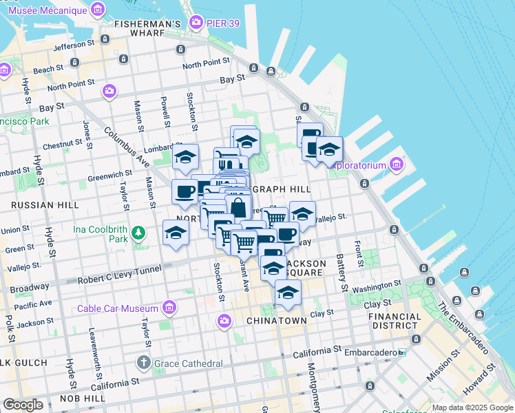 map of restaurants, bars, coffee shops, grocery stores, and more near 1309 Kearny Street in San Francisco