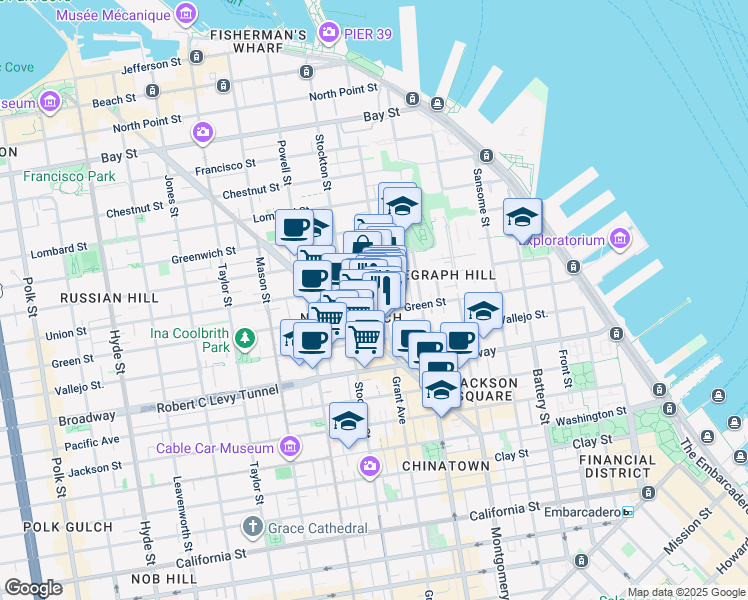 map of restaurants, bars, coffee shops, grocery stores, and more near 1425 Grant Avenue in San Francisco