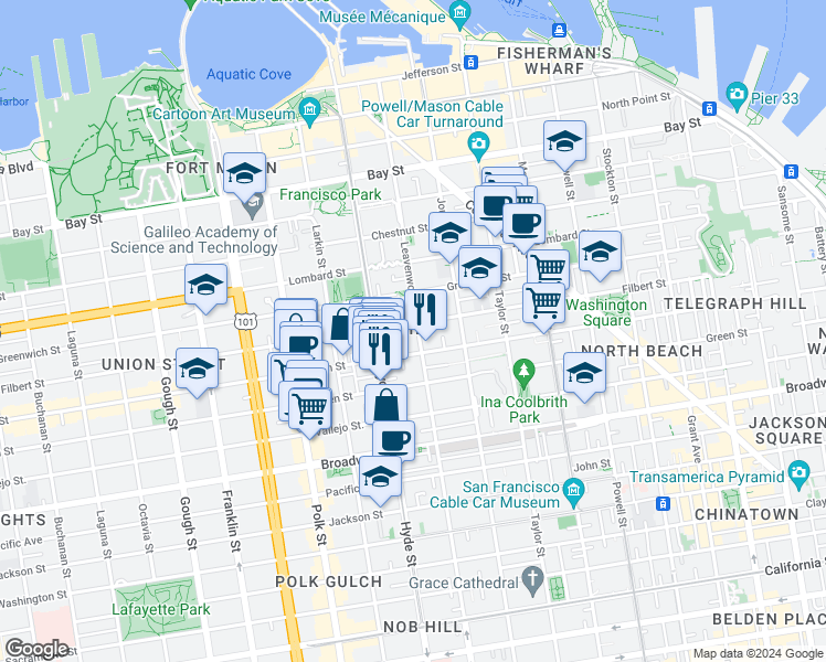 map of restaurants, bars, coffee shops, grocery stores, and more near 14A Havens Street in San Francisco