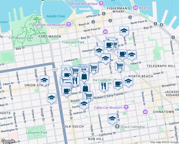 map of restaurants, bars, coffee shops, grocery stores, and more near 14A Havens Street in San Francisco
