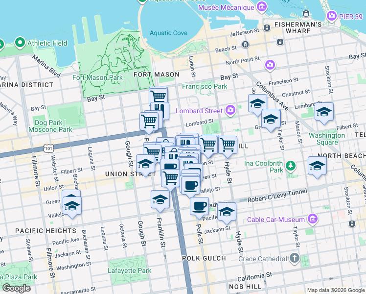 map of restaurants, bars, coffee shops, grocery stores, and more near 2512 Polk Street in San Francisco