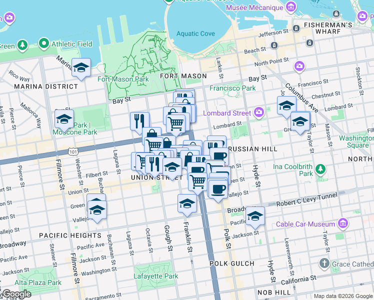map of restaurants, bars, coffee shops, grocery stores, and more near in San Francisco