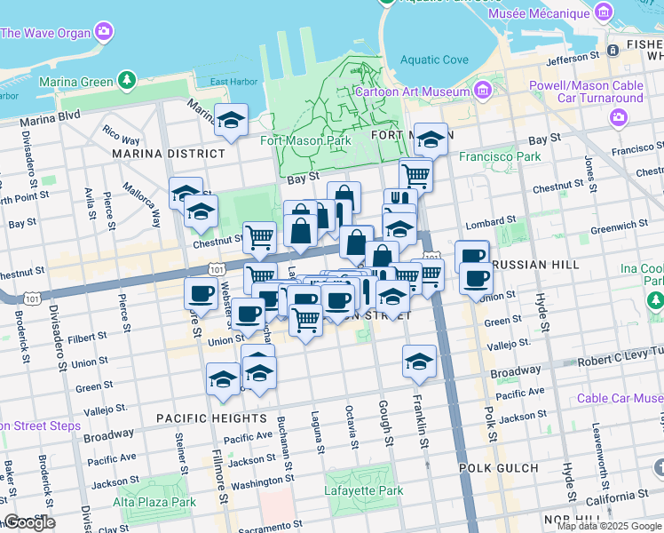 map of restaurants, bars, coffee shops, grocery stores, and more near 1750 Greenwich Street in San Francisco