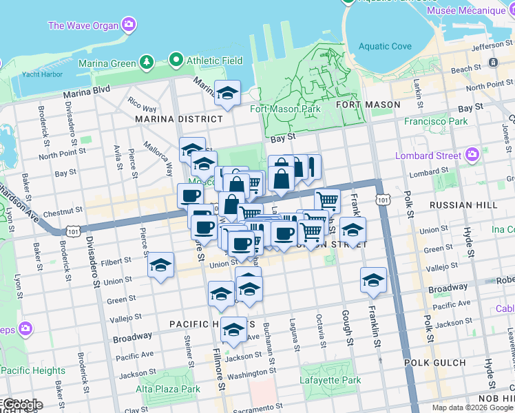 map of restaurants, bars, coffee shops, grocery stores, and more near 3137 Laguna Street in San Francisco