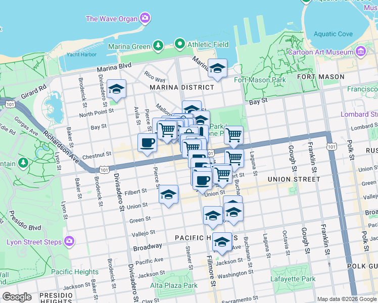 map of restaurants, bars, coffee shops, grocery stores, and more near in San Francisco
