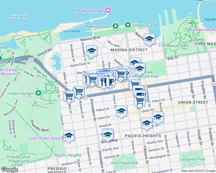 map of restaurants, bars, coffee shops, grocery stores, and more near in San Francisco