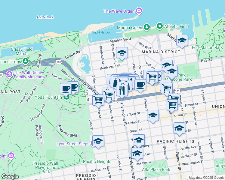 map of restaurants, bars, coffee shops, grocery stores, and more near in San Francisco