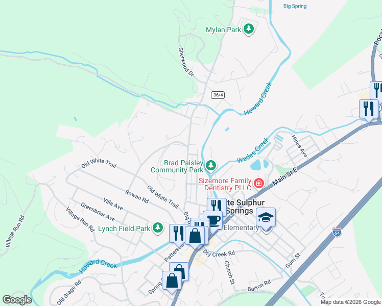 map of restaurants, bars, coffee shops, grocery stores, and more near 434 Oak Street in White Sulphur Springs