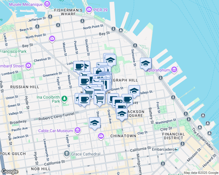 map of restaurants, bars, coffee shops, grocery stores, and more near 1425 Grant Avenue in San Francisco