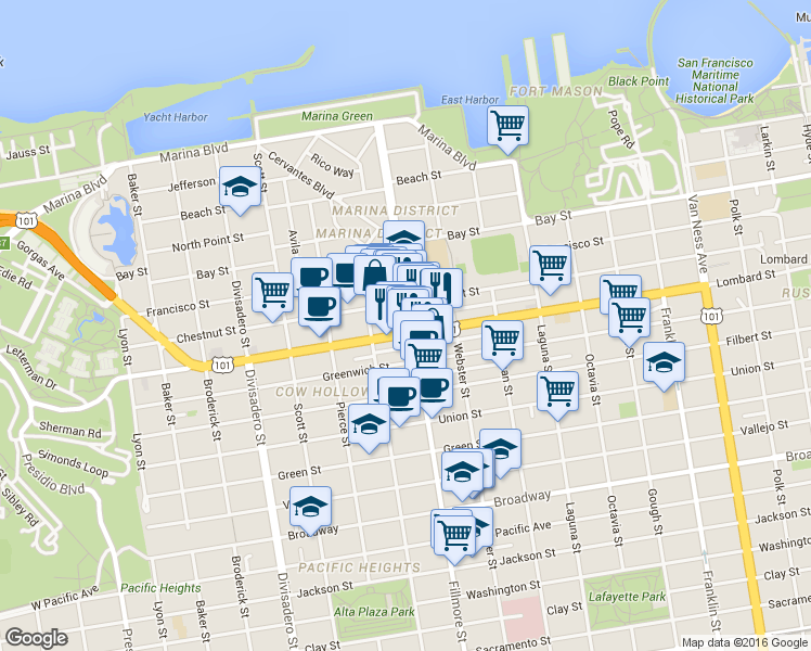 map of restaurants, bars, coffee shops, grocery stores, and more near in San Francisco