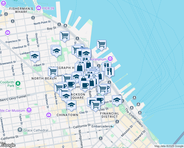 map of restaurants, bars, coffee shops, grocery stores, and more near 945 Front Street in San Francisco
