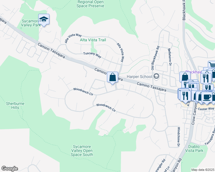 map of restaurants, bars, coffee shops, grocery stores, and more near 105 Creighton Way in Danville