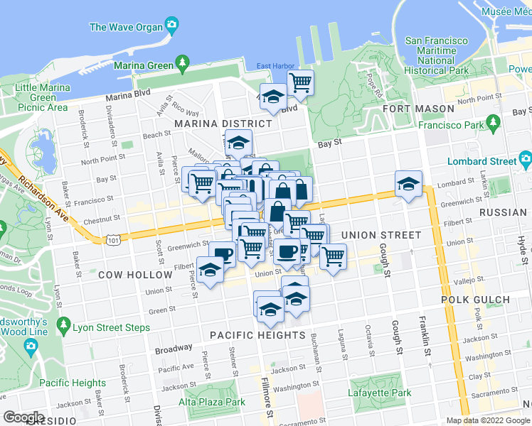 map of restaurants, bars, coffee shops, grocery stores, and more near Lombard St & Webster St in San Francisco