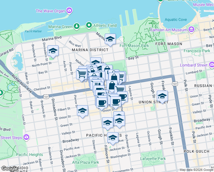 map of restaurants, bars, coffee shops, grocery stores, and more near Webster St & Lombard St in San Francisco