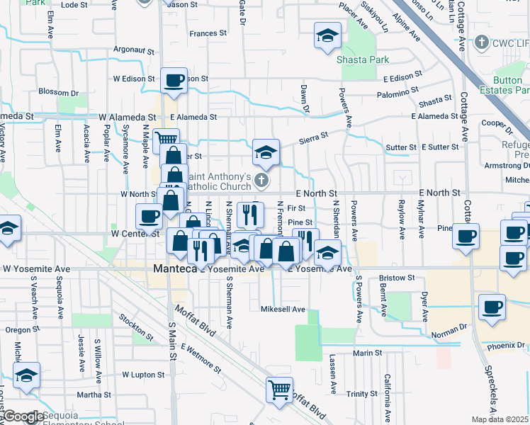 map of restaurants, bars, coffee shops, grocery stores, and more near 518 Fir Street in Manteca