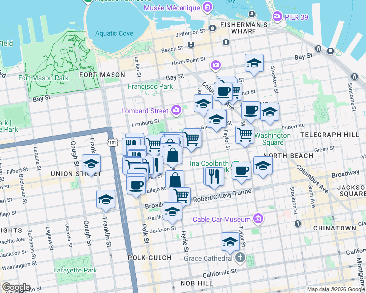 map of restaurants, bars, coffee shops, grocery stores, and more near 14A Havens Street in San Francisco
