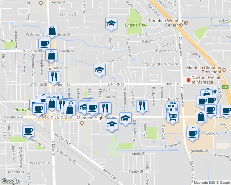 map of restaurants, bars, coffee shops, grocery stores, and more near 660 Fir Street in Manteca