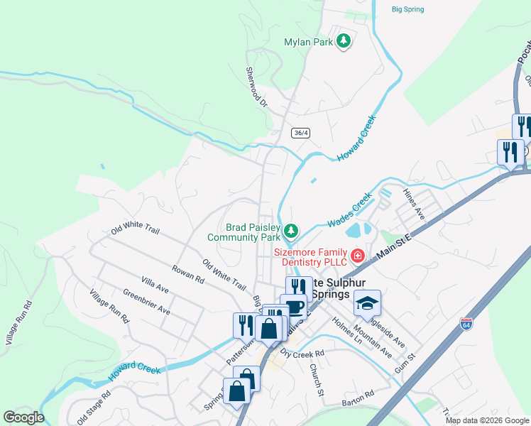 map of restaurants, bars, coffee shops, grocery stores, and more near 434 Oak Street in White Sulphur Springs