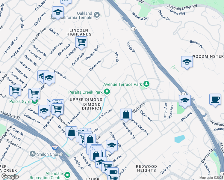 map of restaurants, bars, coffee shops, grocery stores, and more near 4101 Rettig Place in Oakland