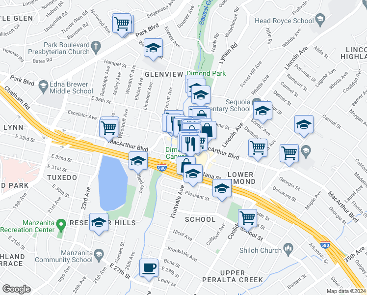 map of restaurants, bars, coffee shops, grocery stores, and more near 3434 Dimond Avenue in Oakland