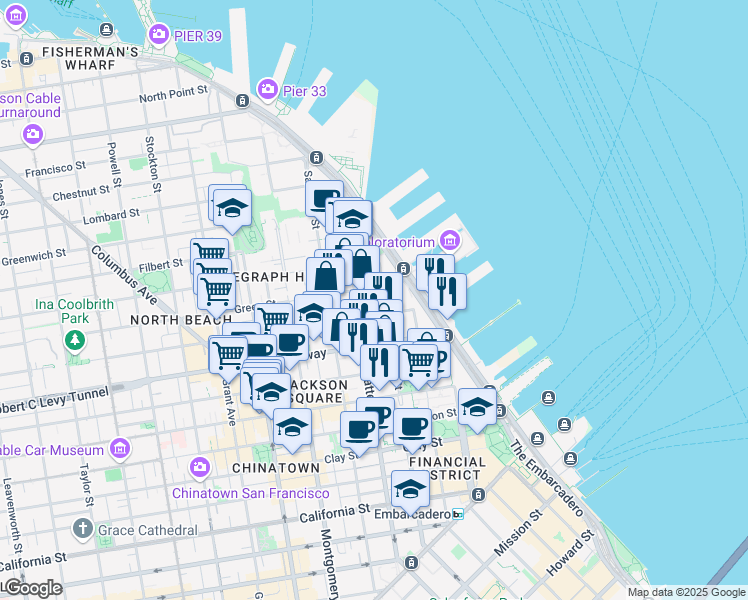 map of restaurants, bars, coffee shops, grocery stores, and more near 945 Front Street in San Francisco