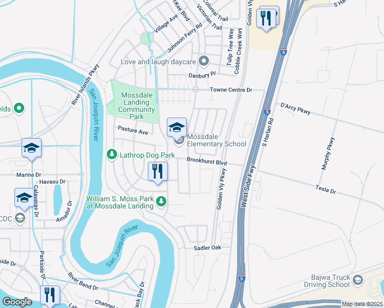 map of restaurants, bars, coffee shops, grocery stores, and more near 17673 Water Mill Street in Lathrop