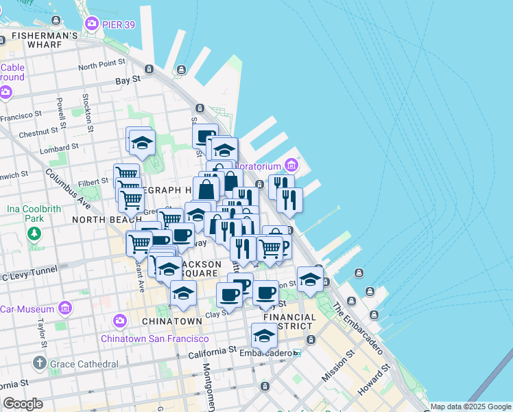 map of restaurants, bars, coffee shops, grocery stores, and more near 900 Front Street in San Francisco