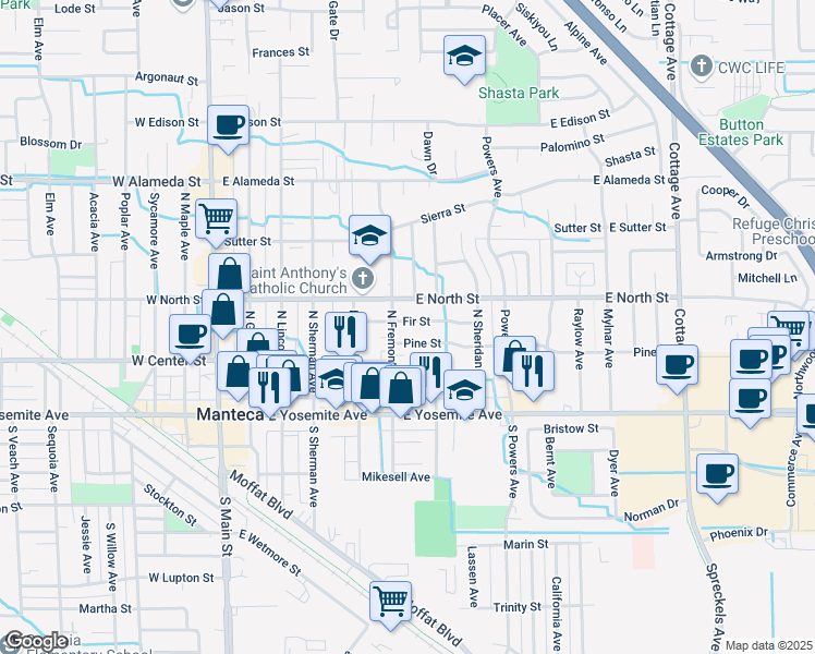 map of restaurants, bars, coffee shops, grocery stores, and more near 616 Fir Street in Manteca