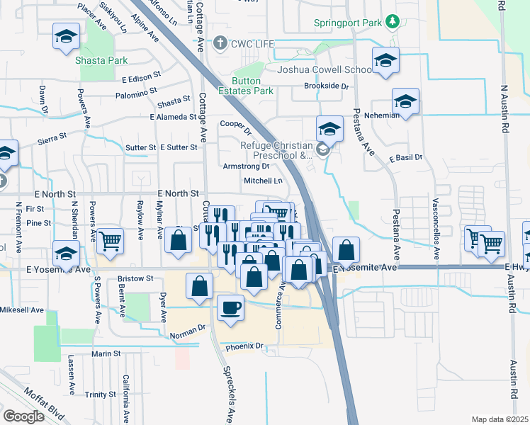 map of restaurants, bars, coffee shops, grocery stores, and more near 249 Mcnary Circle in Manteca