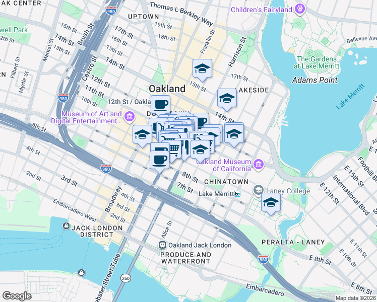 map of restaurants, bars, coffee shops, grocery stores, and more near Harrison Street & 10th Street in Oakland