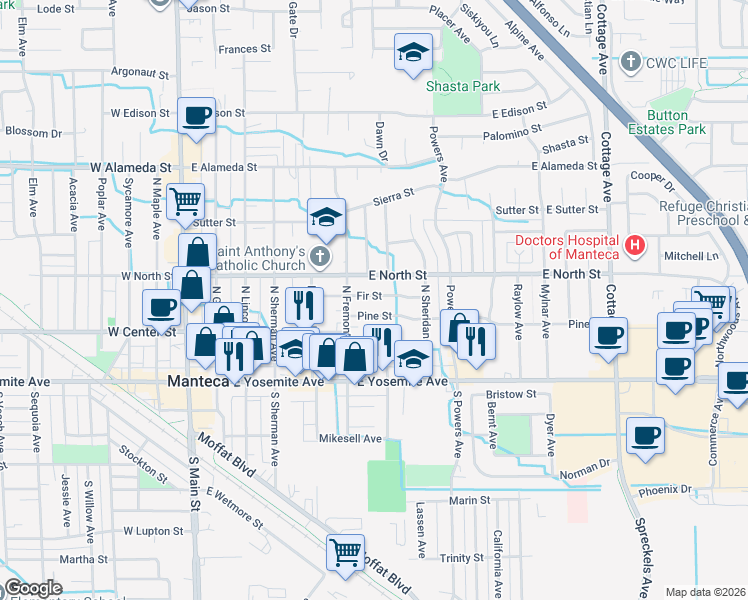 map of restaurants, bars, coffee shops, grocery stores, and more near 616 Fir Street in Manteca