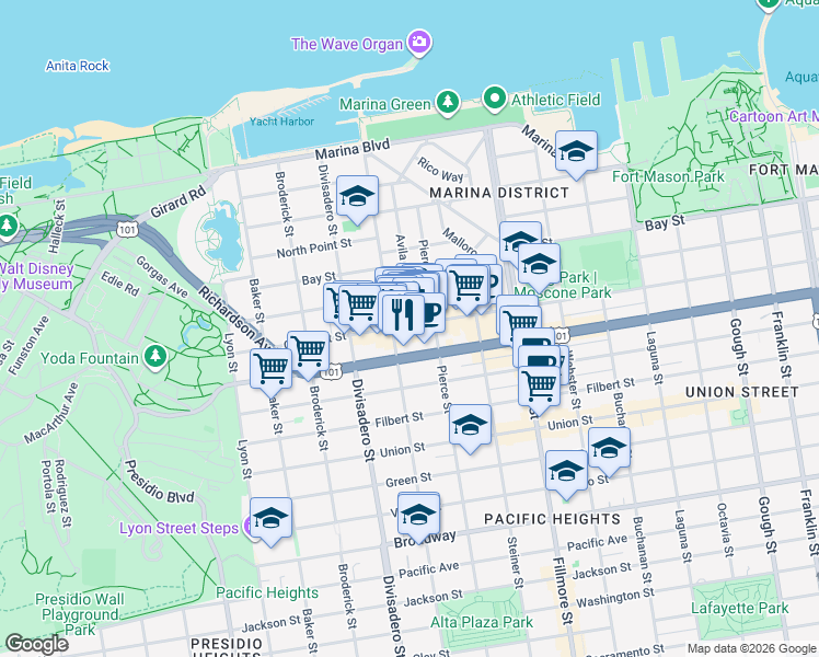 map of restaurants, bars, coffee shops, grocery stores, and more near 2263 Chestnut Street in San Francisco