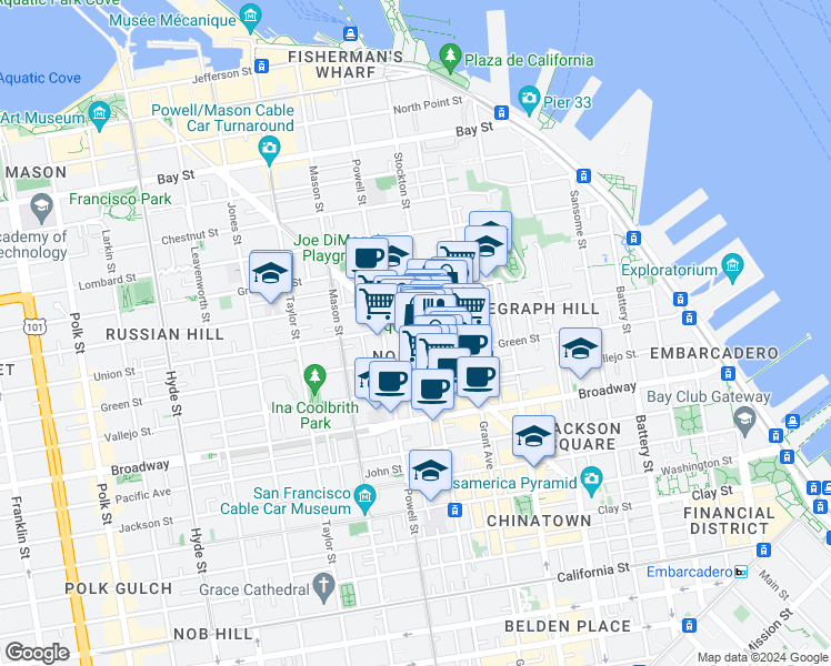 map of restaurants, bars, coffee shops, grocery stores, and more near 615 Union Street in San Francisco