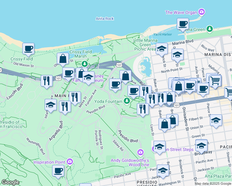 map of restaurants, bars, coffee shops, grocery stores, and more near in San Francisco
