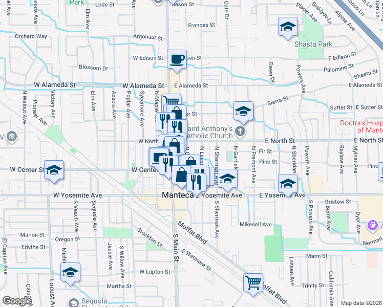 map of restaurants, bars, coffee shops, grocery stores, and more near 220 North Grant Avenue in Manteca