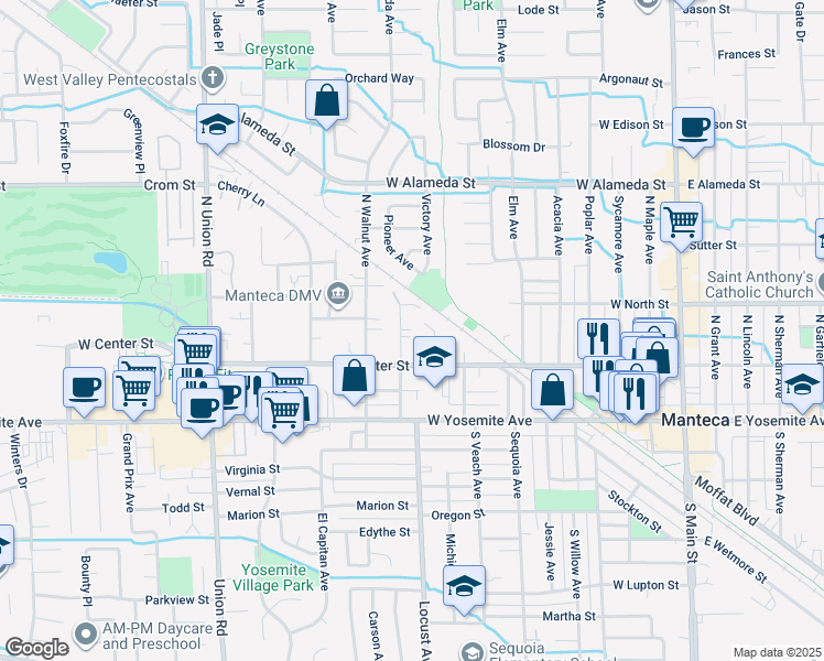 map of restaurants, bars, coffee shops, grocery stores, and more near 200-298 Almond Avenue in Manteca