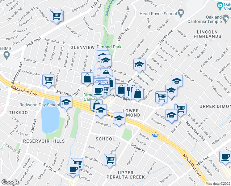map of restaurants, bars, coffee shops, grocery stores, and more near in Oakland